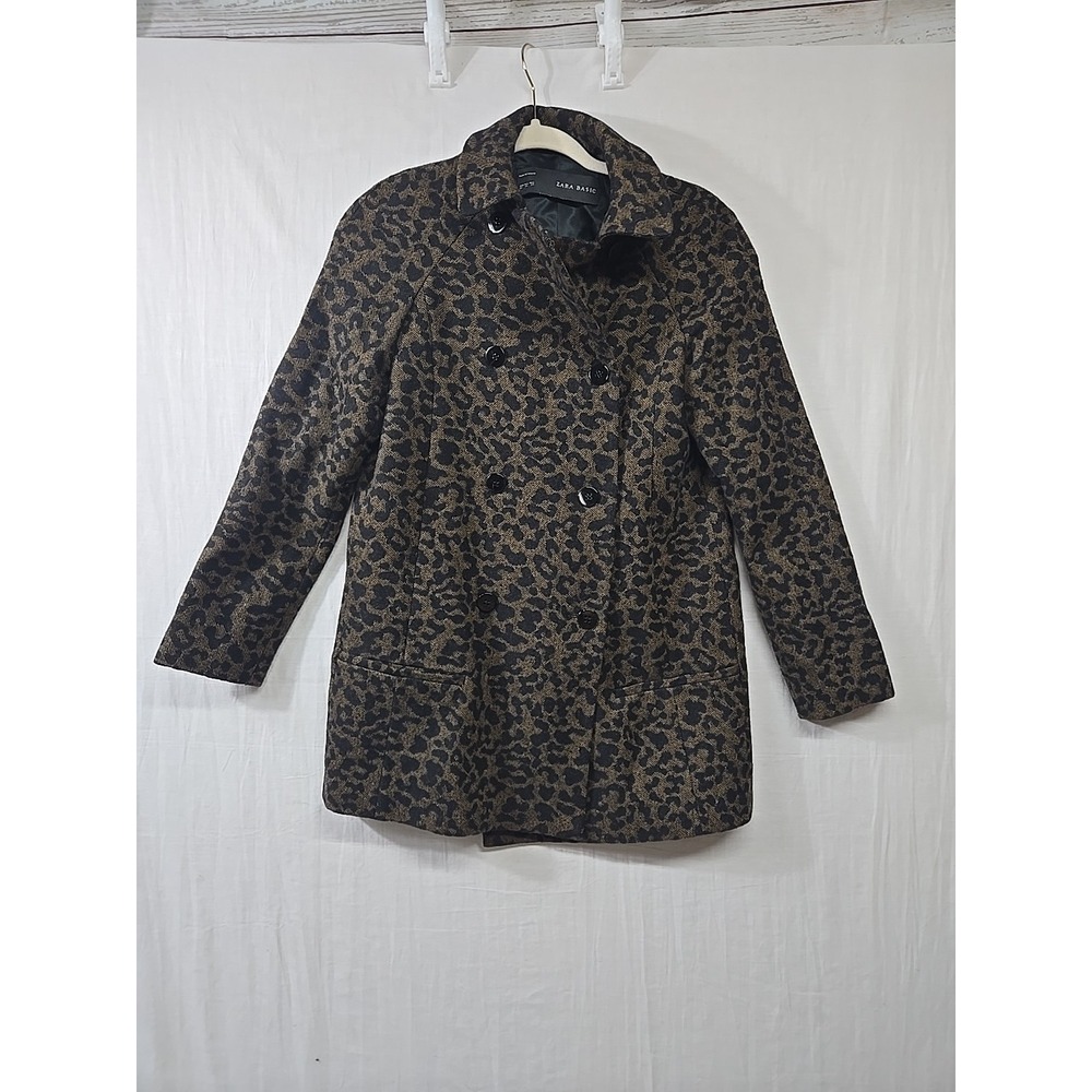 ZARA Leopard Print Double Breasted  Classic Jacket Coat Wool Blend Women's XS‎